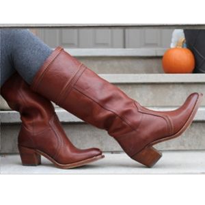 Frye Jane Boots Cognac Brown Leather Tall Pull On Riding Boots